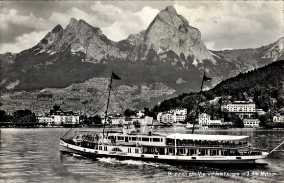 Postcard Brunnen Kt. Schwyz Switzerland, Lake Lucerne, Salondampfer City of Lucerne, Mythen