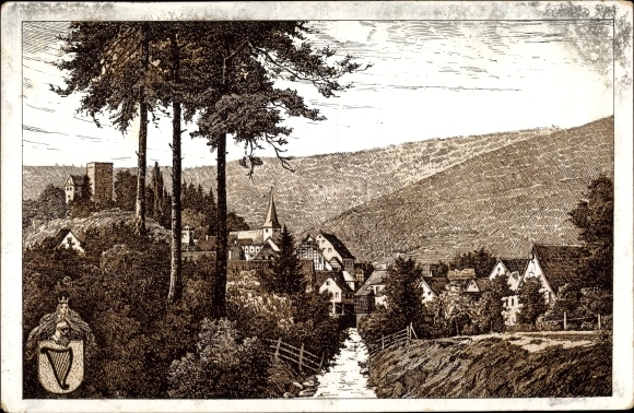 Künstler Ak Rothgeb, Neckarsteinach in Hessen, Oberburg, Blick auf den Ort
