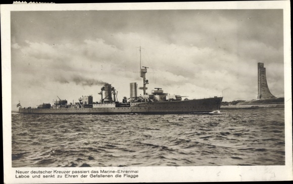 Postcard Naval Memorial Laboe, German Warship, Karlsruhe, Cruiser, Lowered Flag