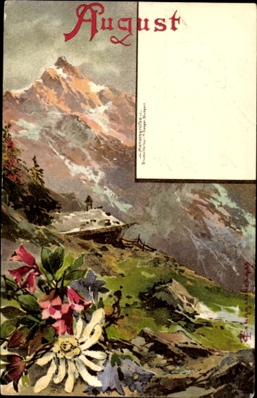 Kunstenaar litho Guggenberger, maand augustus, berglandschap, bergbloemen