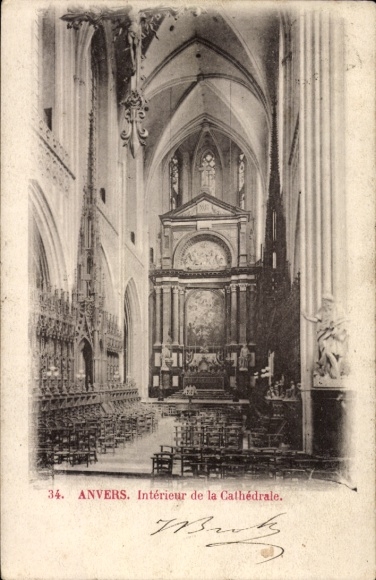 Postcard Anvers Antwerp Flanders, cathedral interior view, black and white photo