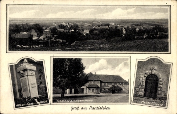 Postcard Hardisleben, Gasthof zum halber Mond, war memorial