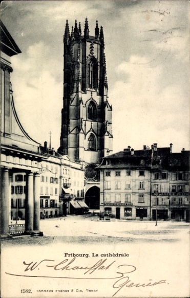 KP Fribourg Freiburg miasto Szwajcaria, katedra z wieży, widok na miasto, czarno-białe zdjęcie