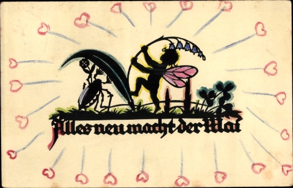 Paper cut Postcard Schwindt, AM, May makes everything new, may beetle, elf, shamrocks