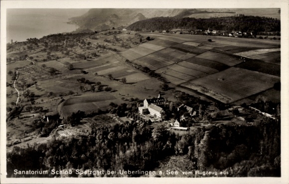 Postcard Überlingen on Lake Constance, Sanatorium Schloss Spetzgart, aerial photograph