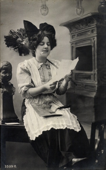 Postcard Maid reads letters from housekeeper while smoking