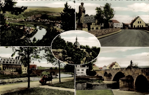 Postcard Echternacherbrück in the Eifel, partial views, bridge, church tower, statue