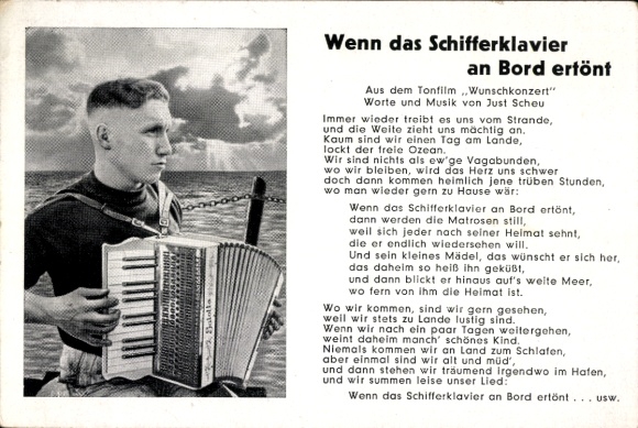 Song Postcard When the ship's piano sounds on board, Sailor with accordion