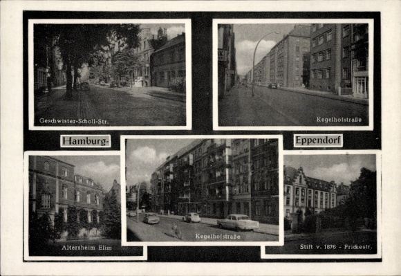Postcard Hamburg Nord Eppendorf, Geschwister Scholl Straße, Elim retirement home, Kegelhofstraße, Stift