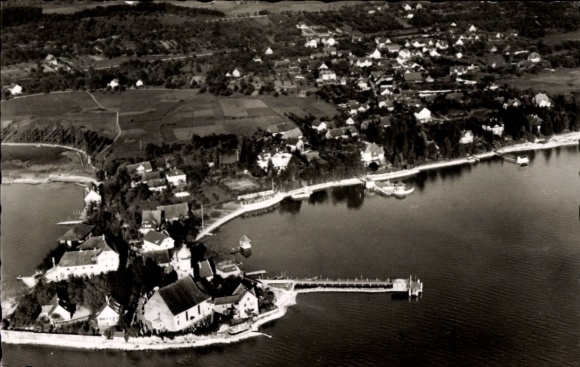 Ak Wasserburg am Bodensee Schwaben, Luftaufnahme Wasserburg, Bodensee, Häuser, Wasser, Ufer, Holz