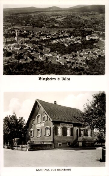 Postcard Sinzheim in Baden, aerial photograph, Gasthaus zur Eisenbahn