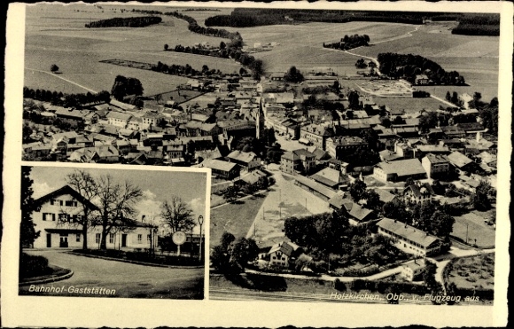 Postcard Holzkirchen in Upper Bavaria, aerial view of station restaurants, half-timbered houses