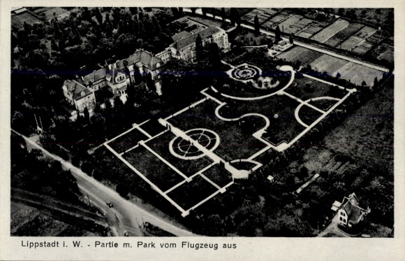 Postcard Lippstadt in Westphalia, aerial photograph, park, buildings, geometric patterns, landscape