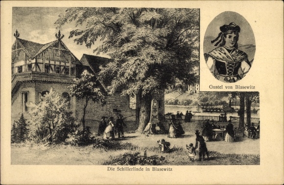 Kunstenaarskaart Dresden Ost Blasewitz, zicht op de Schillerlinde, Gustel von Blasewitz,100. Sterfdatum