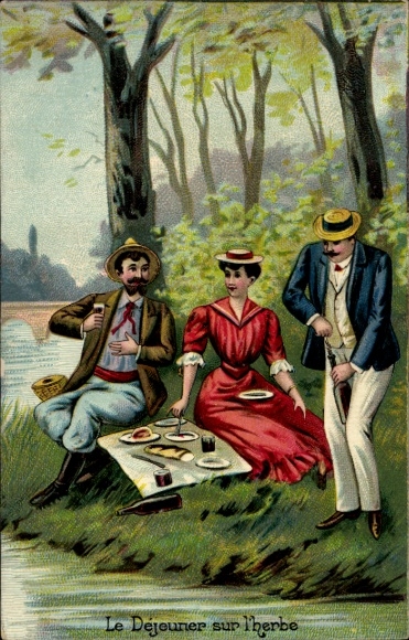 Ak Frau und Männer machen Picknick