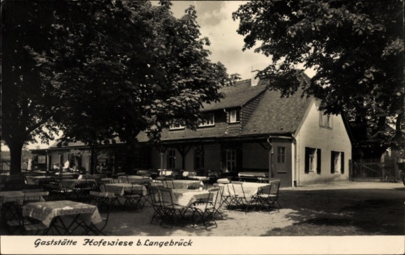 Postcard Dresden Langebrück, Hofewiese restaurant, terrace with table and chairs, trees in the background