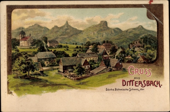 Artist Chromo-Litho Spindler, Erwin, Jetřichovice Dittersbach reg Aussig, village with a view of the landscape