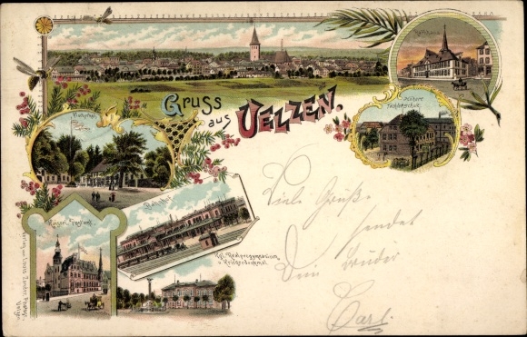 Chromo-Litho Uelzen in Lower Saxony, total view, Fischerhof, train station, post office, town hall, high school