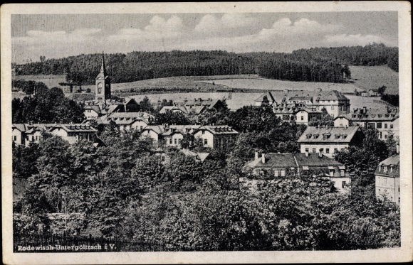 Postcard Rodewisch im Vogtland Sachsen, total view of the place, bird&#39;s eye view, church, forest