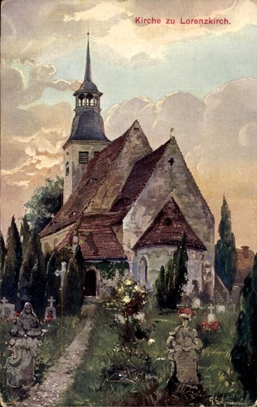 Artist Postcard Lorenzkirch Zeithain in Saxony, church, gravestones
