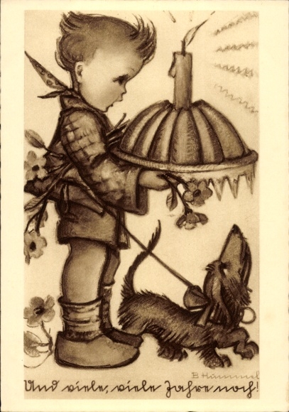 Artist Postcard Hummel, Berta, And many, many years to come, No. 4427, Child with birthday cake, dachshund