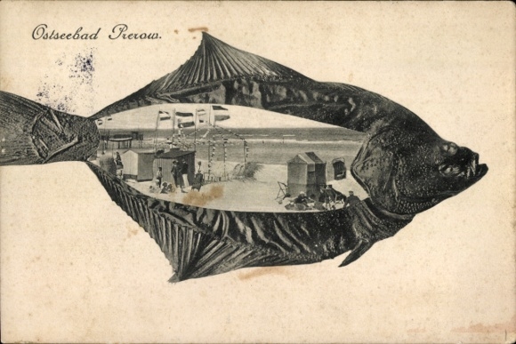 Passepartout Postcard Ostseebad Prerow on the Darß, flounder, beach party