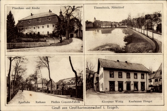 Postcard Großhartmannsdorf in the Erzgebirge, rectory, church, Timmelteich, pharmacy, town hall, factory
