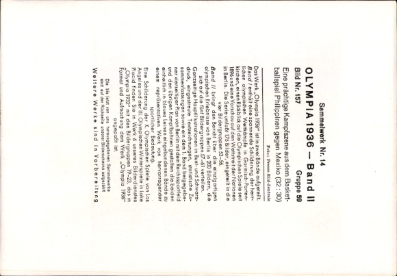Collector's card Olympics 1936, basketball game Philippines against Morocco