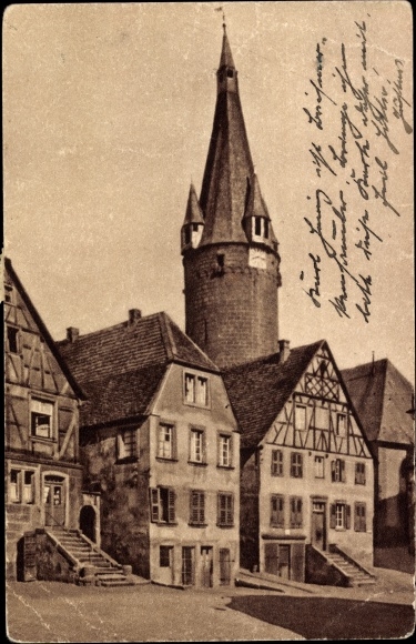 Postcard Ottweiler in Saarland, houses with an old tower