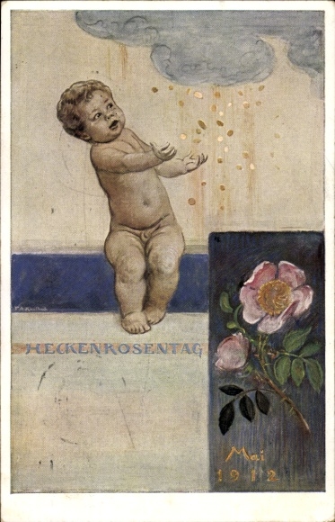 Postal stationery artist Postcard Kaulbach, Friedrich August, Munich, Hedge Rose Day May 1912, toddler
