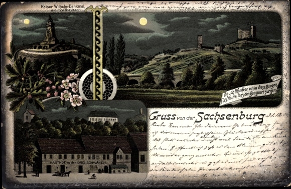 Mondschein Litho Oldisleben am Kyffhäuser Thüringen, Sachsenburg, Gasthof zu den drei Schwänen