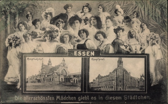 Postcard Essen in the Ruhr area, main station, main post office, portraits of women