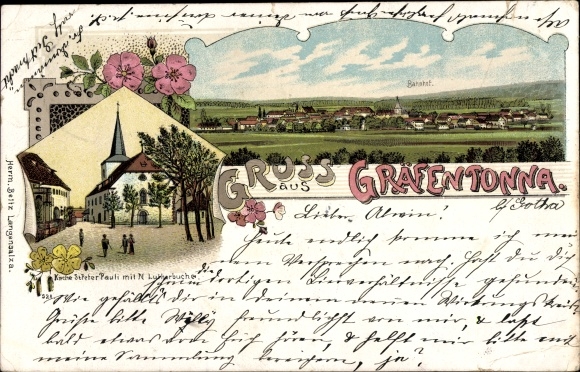 Chromo-Litho Gräfentonna Tonna in Thuringia, total view, Luther beech, Church of St. Peter Pauli