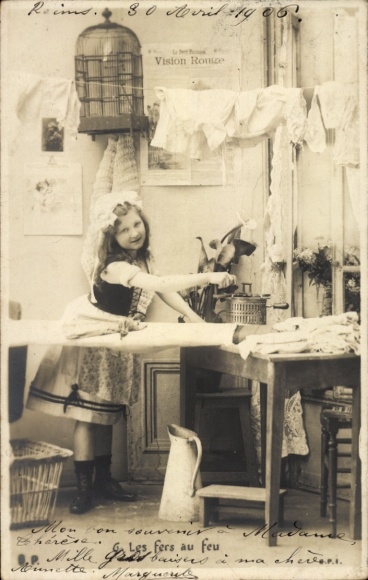 Postcard girl ironing laundry