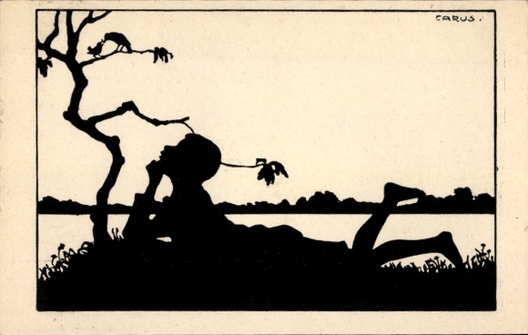 Paper cutting Postcard Carus, boy lying in the grass, water