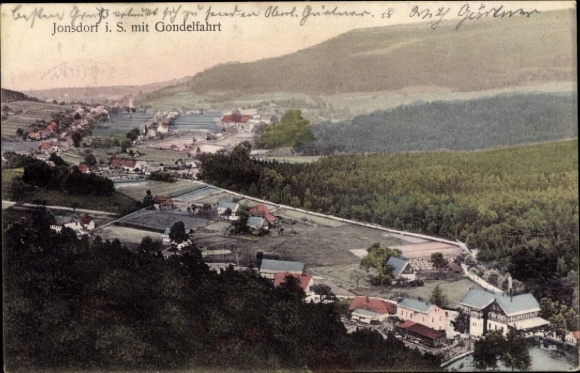 Ak Jonsdorf in Sachsen, Zittauer Gebirge, Nonnenfelsen, Blick auf Jonsdorf mit Gondelfahrt