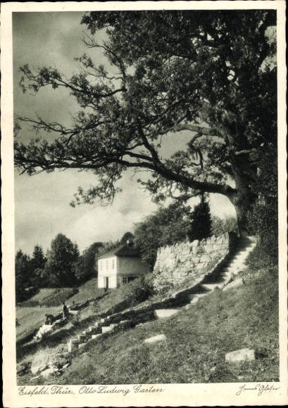 Postcard Eisfeld in Thuringia, Ollo Ludwig Garden, path with tree, building in the background