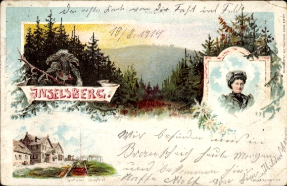 Chromo-Litho Brotterode in Thuringia, Inselsberg, woman in traditional costume, Prussian inn, capercaillie