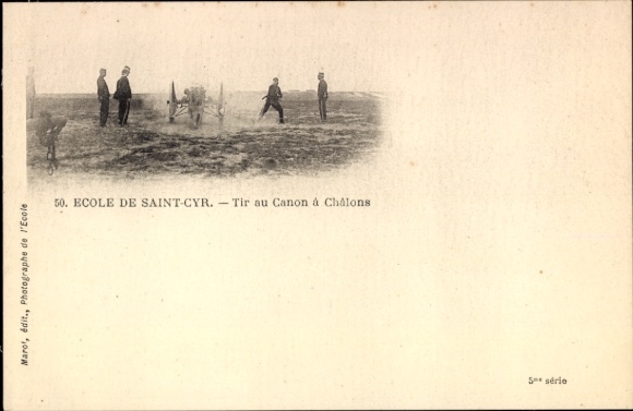 Postcard Chalons sur Marne, black and white photo, military exercise, cannon, St. Cyr