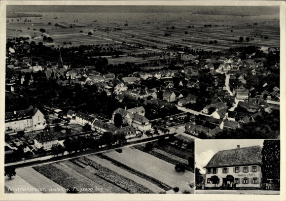 Ak Nonnenweier Schwanau in Baden, Luftaufnahme von  Kirche, Häuser, Felder