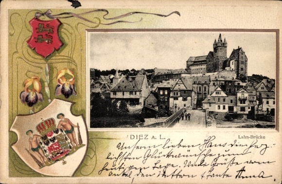 Ak Diez an der Lahn, Historisches Gebäude, Lahn-Brücke, Wappen, Grußtext