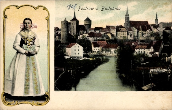 Postcard Bautzen in Upper Lusatia, woman in traditional costume, city view of river, towers