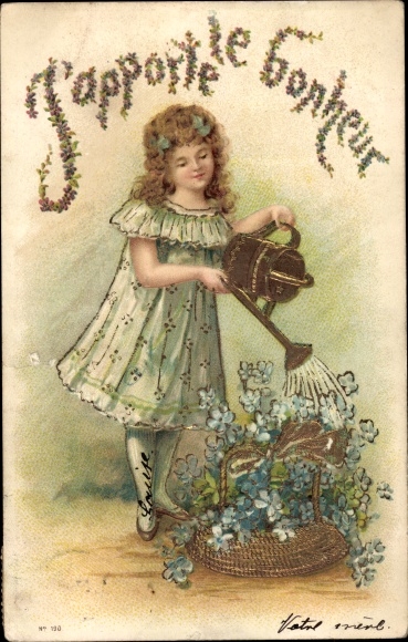 Embossed Chromo-Litho Girl watering forget-me-not flowers in a basket