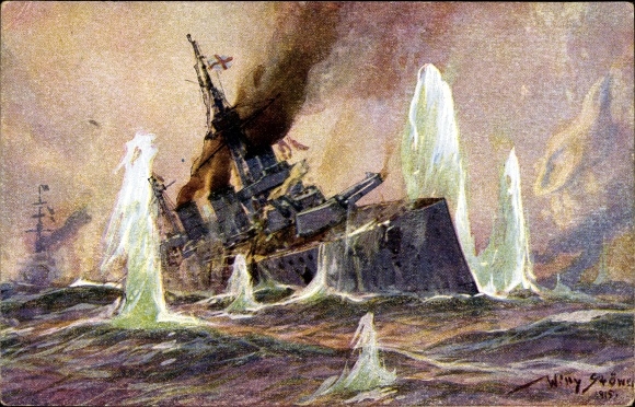 Artist PC Stöwer, Willy, Naval Battle North Sea 1915, English battle cruiser, German cruiser