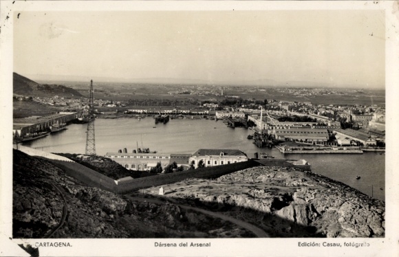 Postcard Cartagena Murcia Spain, view of harbor, Darseña del Arsenal, industrial area, building, h...