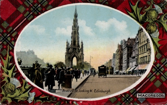 Postcard Edinburgh Scotland, Princes Street, currency, Scottish architecture, people on the street