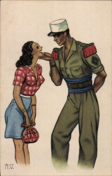 Artist Postcard Soldier in Uniform, Woman in Love, Lovers