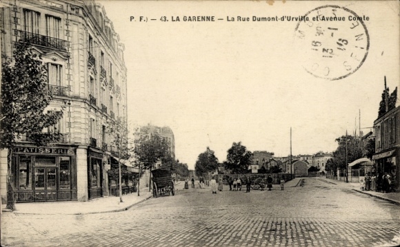 Postcard La Garenne Colombes Hauts de Seine, Rue Dumont-d'Urville, Avenue Comte, horse-drawn carriages, people