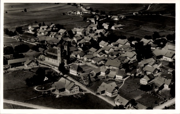 Postcard Altenstadt in Upper Bavaria, aerial view, many houses, church, rural surroundings