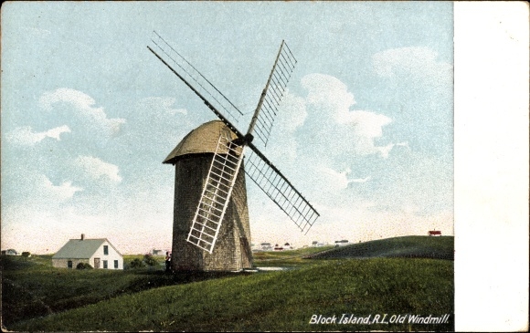 Postcard Portland Maine USA, Block Island, old windmill